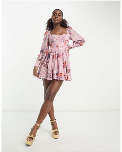 Bardot Mini-jurk Met Korset, Lange Mouwen En Bloemenprint - Roze