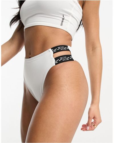 Speedo Logo Elastic High Waist Reversable Bikini Bottoms - White