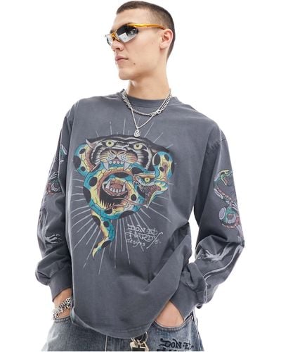 Ed Hardy Long Sleeve Washed Grey T-shirt With Tiger Head Graphic - Blue