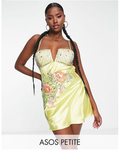 ASOS Asos Design Petite Bias Cut Mini Satin Dress With Floral Embellishment - Metallic