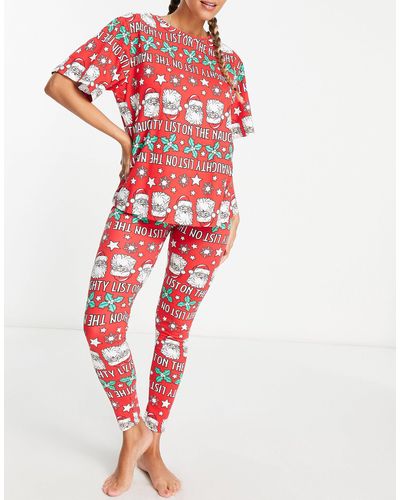 ASOS Kerstmis - Pyjamaset Van T-shirt En legging Met Kerstmanprint - Rood