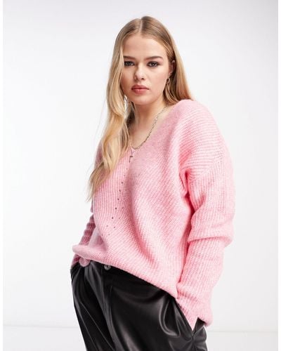 ONLY Textured V Neck Sweater - Pink