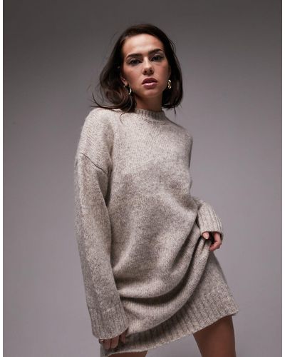 TOPSHOP Knitted Crew Neck Mini Sweater Dress - Brown