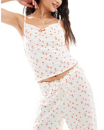 ASOS Mix & Match Cherry Print Frill Edge Cami Vest Pyjama Top - White