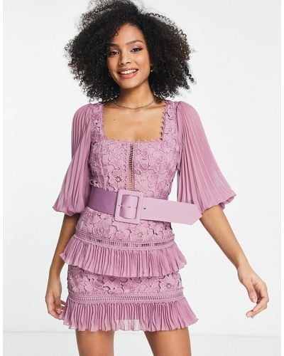 ASOS Lace Mini Dress With Pleated Chiffon And Satin Belt - Purple