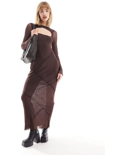 Collusion Exposed Seam Layered Mesh Long Sleeve Maxi Dress - Brown