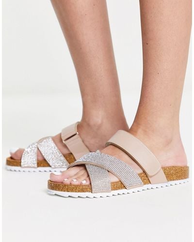ASOS Fiery Cross Strap Flat Sandals With Diamante - Natural