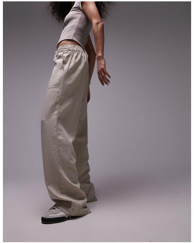 TOPSHOP Pantalon droit taille basse en lin avec cordon à la taille - beige - Marron
