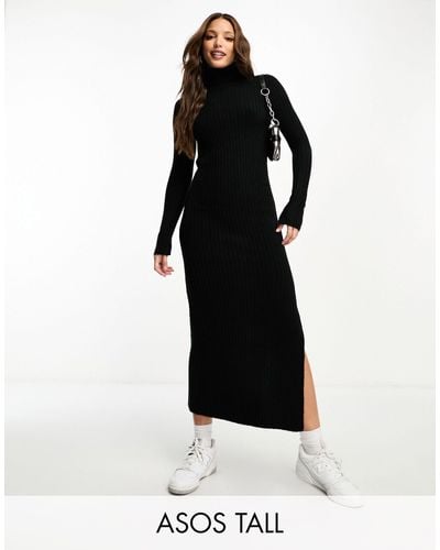ASOS Asos Design Tall Knitted Maxi Dress With High Neck And Side Split - Black