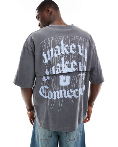 Bershka T-shirt antracite con stampa "wake up" - Blu