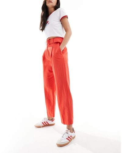 ASOS Tailo Belted Trousers With Linen Look - Red