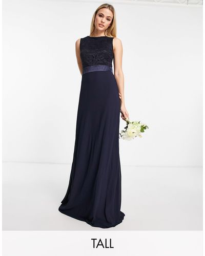 TFNC London Bridesmaids Chiffon Maxi Dress With Lace Scalloped Back - Blue