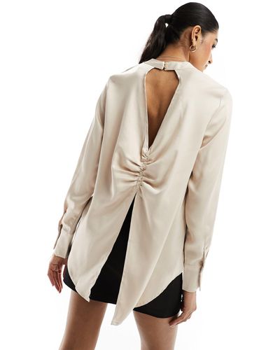 Vila Satin High Neck Blouse With Open Ruched Back - Natural