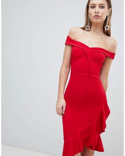 Lipsy Red Ruffle Bardot Bodycon Dress