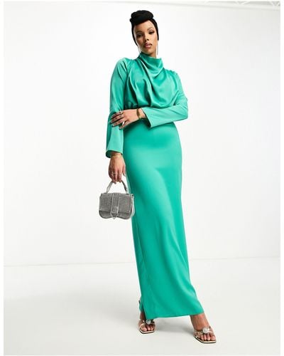 ASOS Modest Satin High Neck Pleat Detail Maxi Dress With Long Sleeves - Green