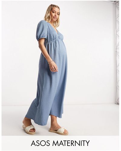 ASOS Asos Design Maternity - Nette Midi Jurk Met Aangerimpelde Taille En Volumineuze Mouwen - Blauw