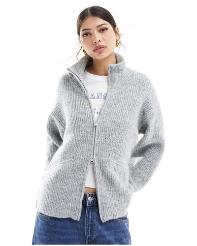 Pull&Bear Zip Through Knit Sweater - White