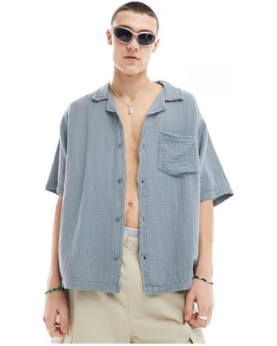 Collusion Textured Oversized Revere Short Sleeve Shirt With Raw Seam Detail - Blue