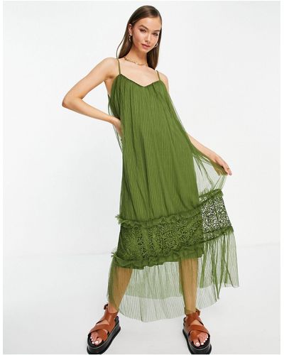 Vila Cami Maxi Dress With Tulle Tiered Skirt - Green