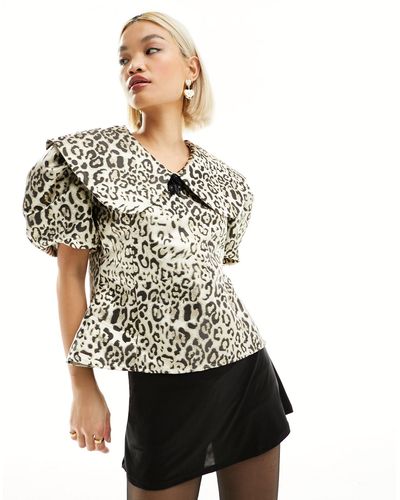 Sister Jane Fame Leopard Top With Oversized Collar - Brown