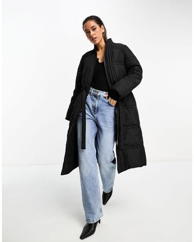 French Connection Tie Waist Long Puffer Coat - Blue