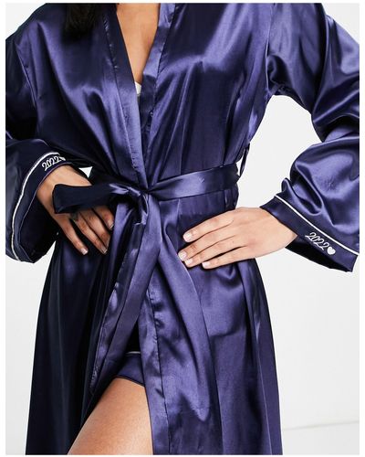 NIGHT Bridesmaid Satin Robe With Contrast Piping - Blue