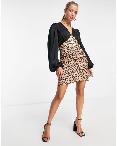 Never Fully Dressed Robe courte à manches ballon et imprimé léopard contrastant - Noir