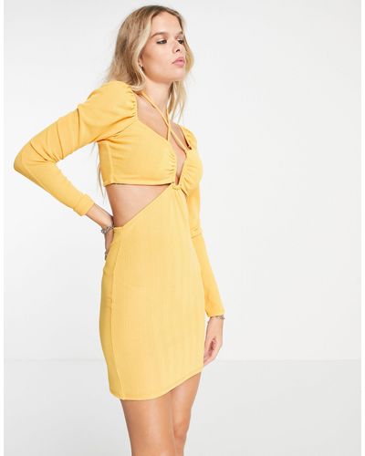 TOPSHOP Vestito corto aderente allacciato al collo a coste con cut-out - Giallo