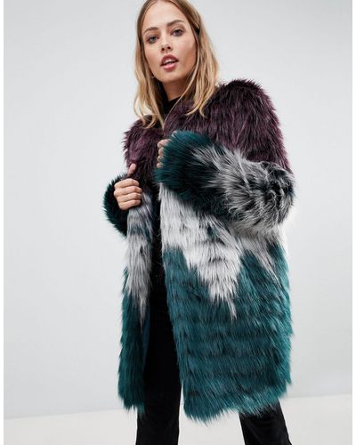 Urbancode Faux Fur Coat In Tri Colour - Multicolour