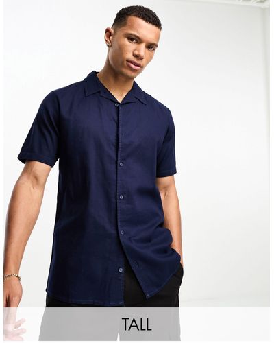 Threadbare Tall Linen Blend Revere Shirt - Blue