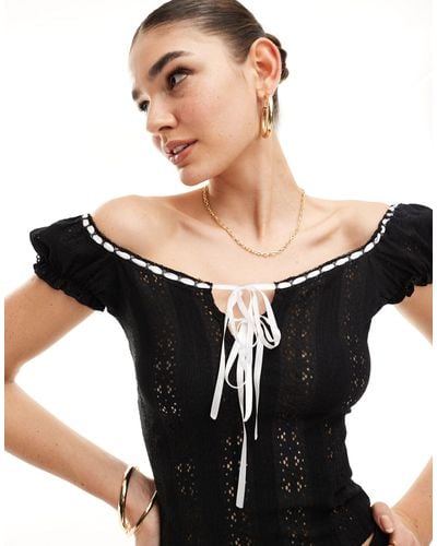 Miss Selfridge Milkmaid Top With White Contrast Ribbons - Black