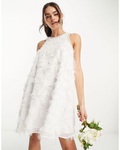 Y.A.S Bridal Faux Feather Mini Dress With Pearl Detail - White