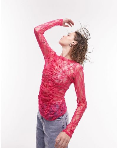 TOPSHOP Lace Long Sleeve Ruched Channel Top - Pink
