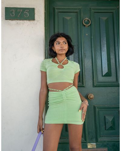 Labelrail X Pose And Repeat Crop T-shirt With Halter Ring Detail And Jewel Embellishment Co-ord - Green
