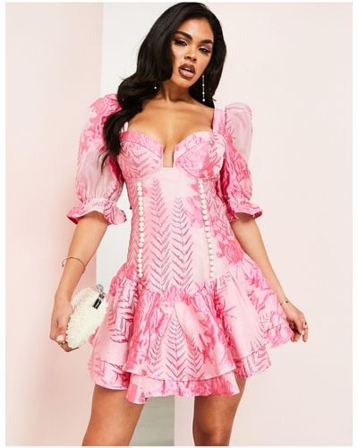 ASOS Jacquard Plunge Mini Dress With Tiered Hem & Puff Sleeve - Pink