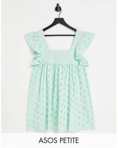 ASOS Asos Design Petite Broderie Babydoll Mini Dress With Square Neck And Short Frill Sleeve - Green