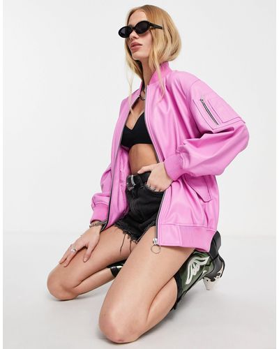 Bershka Faux Leather Oversized Bomber Jacket - Pink