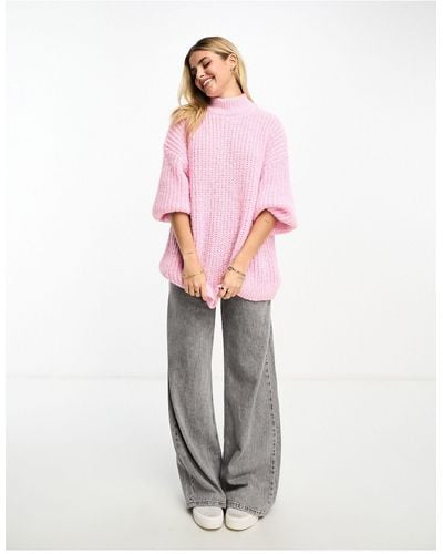 Monki High Neck Chunky Rib Knitted Sweater With Volume Sleeve - Pink