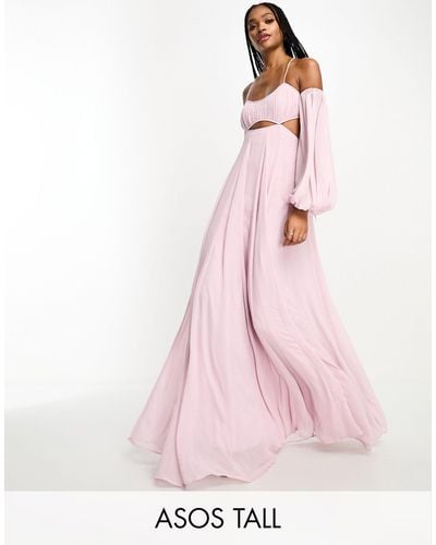 ASOS Asos Design Tall Ruched Bust Off Shoulder Cut Out Babydoll Maxi Dress - Pink