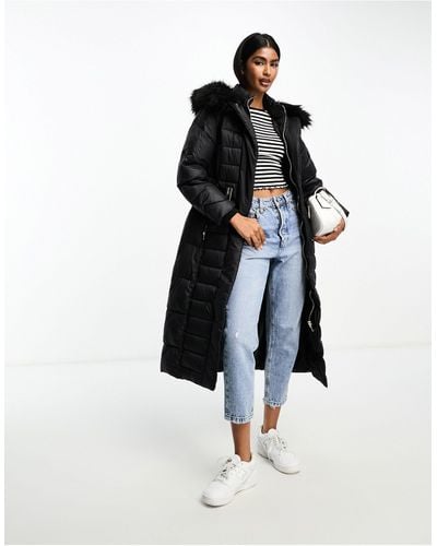 River Island Maxi Belted Puffer With Faux Fur Hood - Black