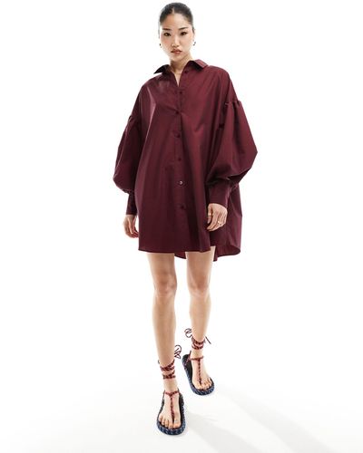 ASOS Boyfriend Shirt Mini Dress With Blouson Sleeve - Red