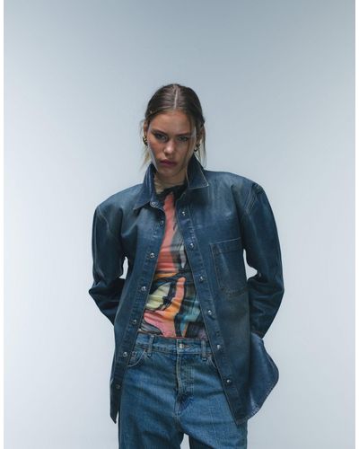TOPSHOP – beschichtetes jeans-hemd mit deep-sea-waschung - Blau