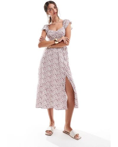 Hollister – kurzärmliges midikleid mit blümchenmuster und taillendetail - Pink