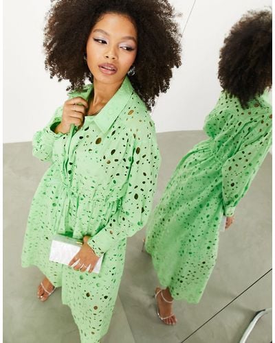ASOS Broderie Drawstring Long Sleeve Midi Shirt Dress - Green
