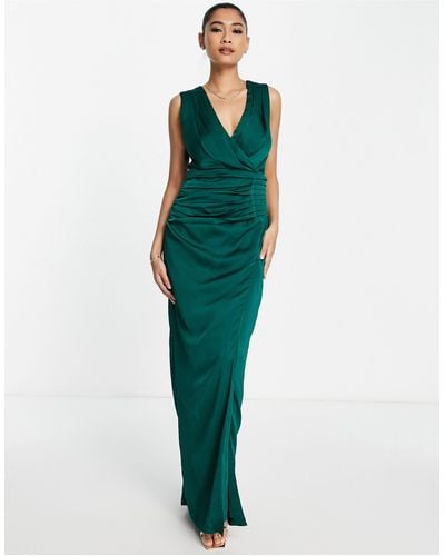 Liquorish Bridesmaid Satin Wrap Front Maxi Dress - Green