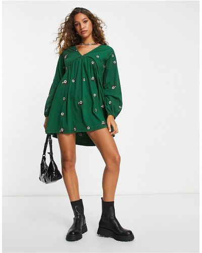 ASOS V Neck Smock Mini Dress With All Over Daisy Embroidery - Green