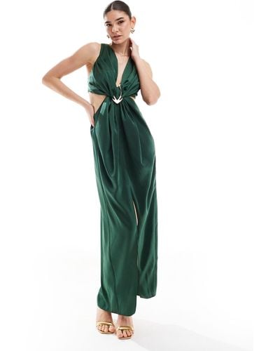 ASOS Satin Plunge Front Maxi Dress With Buckle - Green