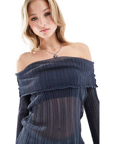 Collusion Knitted Sheer Multi-way Pleated Sweater With Hood - Blue