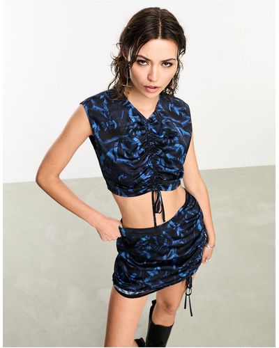 AllSaints X Asos Exclusive Carla Co-ord Rouched Satin Top - Blue