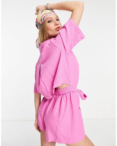 ONLY Open Back Linen Look Shirt Playsuit - Pink